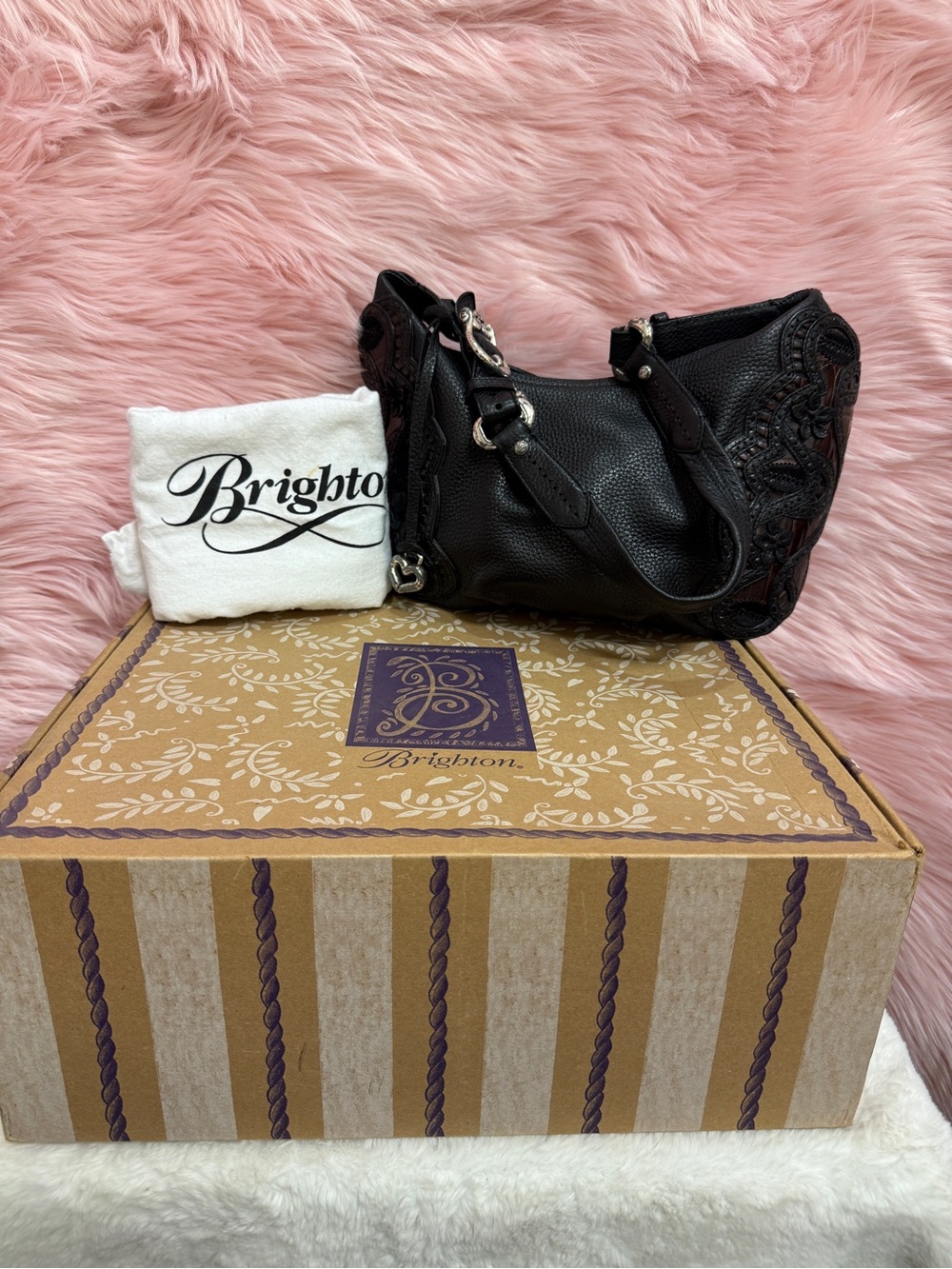 Brighton Black Leather Embroidered Shoulder Bag